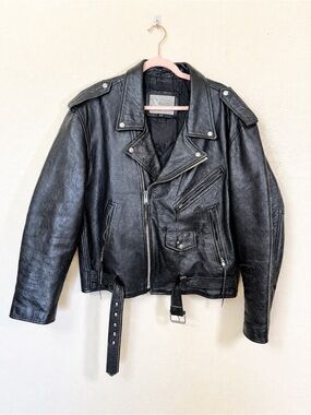 Men’s Vintage Genuine Leather Biker Motorcycle Black Heavy Jacket Coat Size 50